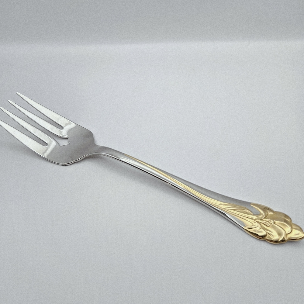 Oneida GOLDEN AMARYLLIS Cold Meat Serving Fork 8 1/2" Stainless Gold Accent